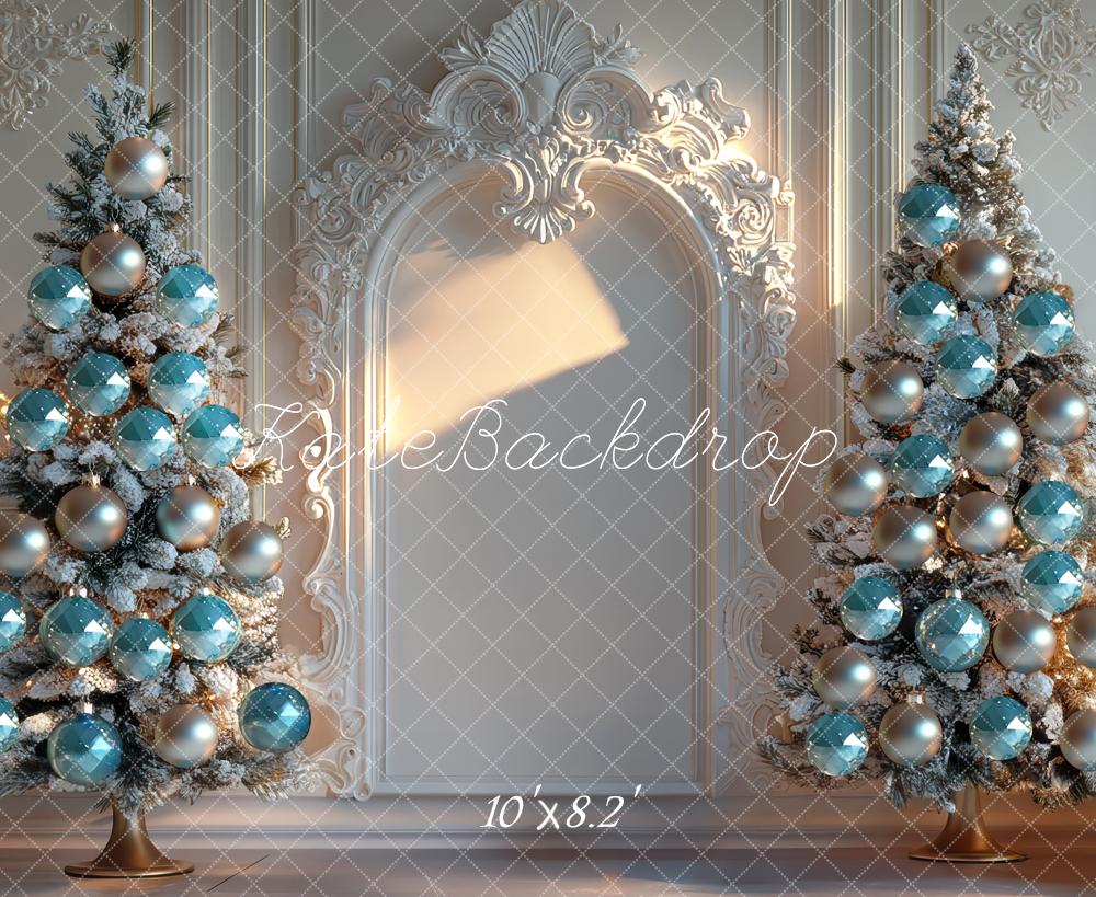 Kate Weihnachten Tannenbäume Blaue Kugeln Elegant Hintergrund Entworfen von Mini MakeBelieve - Kate Backdrop.de