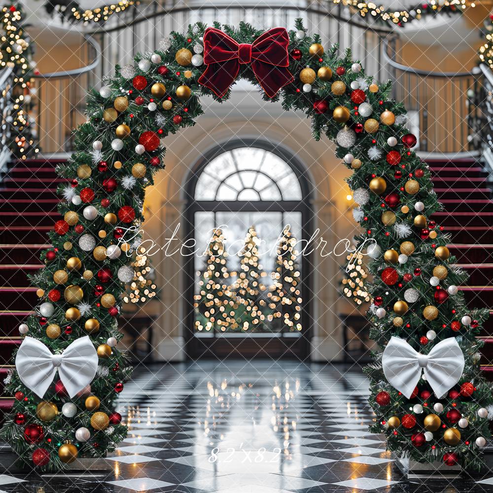 Kate Weihnachten Bogen Treppe Rot Gold Hintergrund Entworfen von Mini MakeBelieve - Kate Backdrop.de