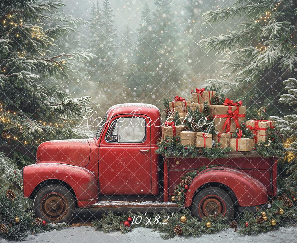 Kate Weihnachten Roter Truck Geschenke Wald Hintergrund Entworfen von Emetselch - Kate Backdrop.de