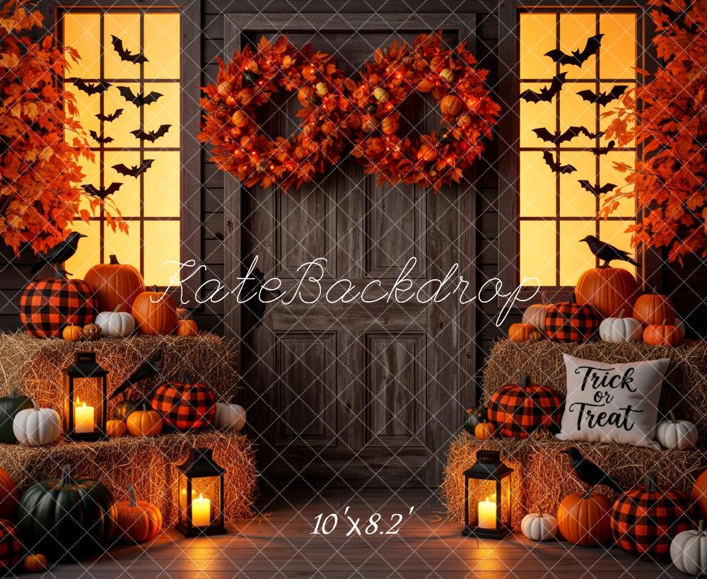 Kate Halloween Kürbisse Stroh Kranz Orange Hintergrund Entworfen von Patty Roberts
