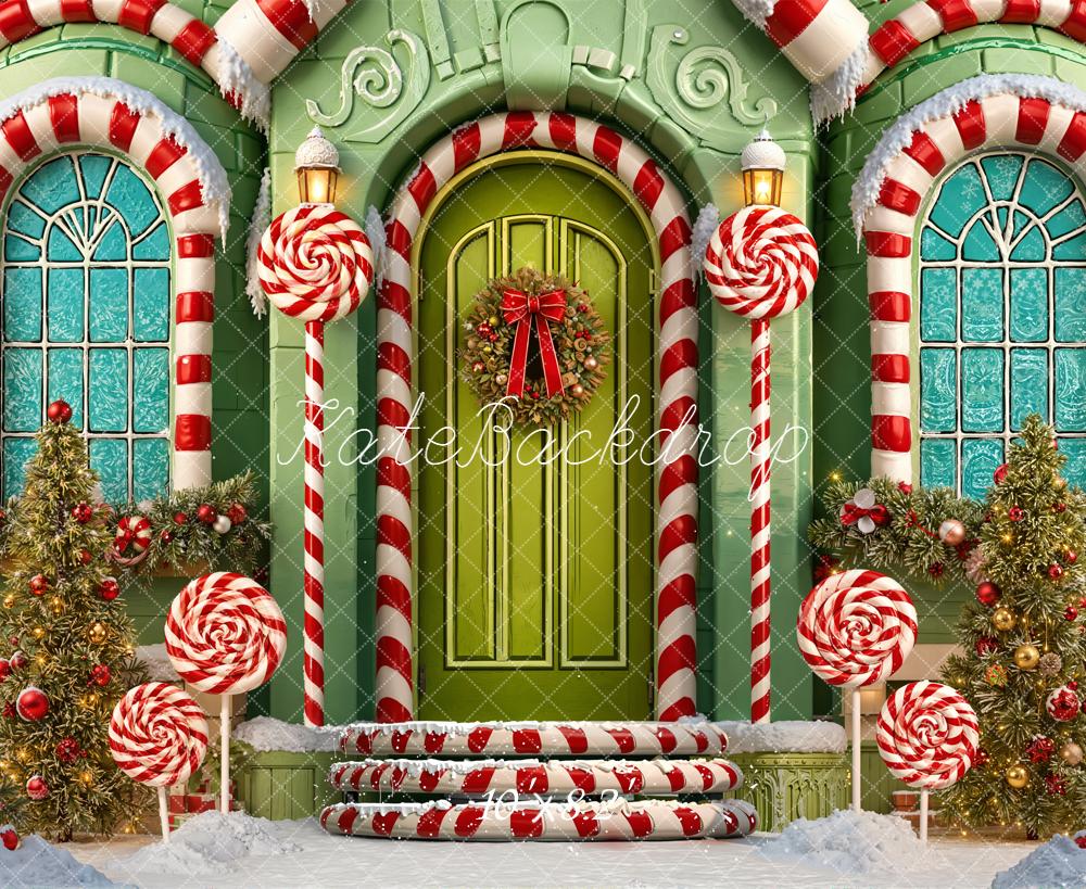 Kate Weihnachten Zuckerstangen Türhaus Grün Hintergrund Entworfen von Emetselch - Kate Backdrop.de