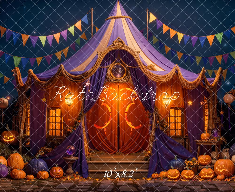 Kate Halloween Zirkuszelt Kürbisse Lichter Hintergrund Entworfen von Emetselch - Kate Backdrop.de