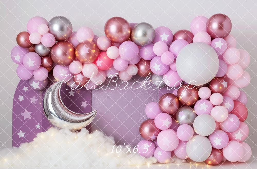 Kate Geburtstag Ballonbogen Mond Sterne Rosa Hintergrund Entworfen von Patty Roberts - Kate Backdrop.de