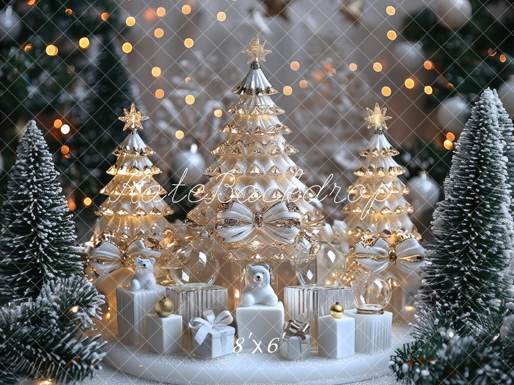 Kate Weihnachten Goldene Weihnachtsbäume Weiß Hintergrund Entworfen von Mini MakeBelieve - Kate Backdrop.de