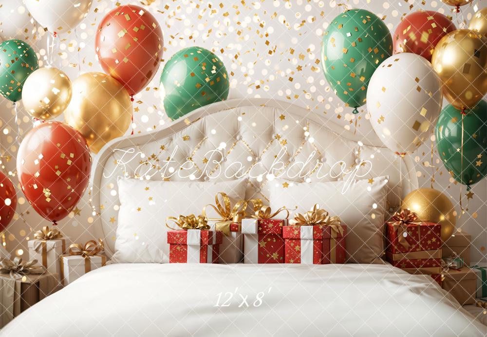 Kate Weihnachten Ballons Geschenke Weiß Gold Fleece Hintergrund Entworfen von Emetselch - Kate Backdrop.de