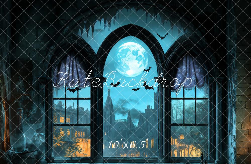 Kate Halloween Fenster Mond Fledermäuse Blau Hintergrund Entworfen von Emetselch