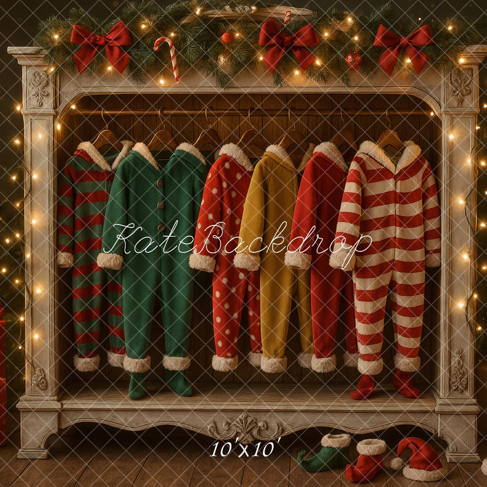 Kate Weihnachten Elfenkostüme Kamin Vintage Hintergrund Entworfen von Ashley Paul - Kate Backdrop.de