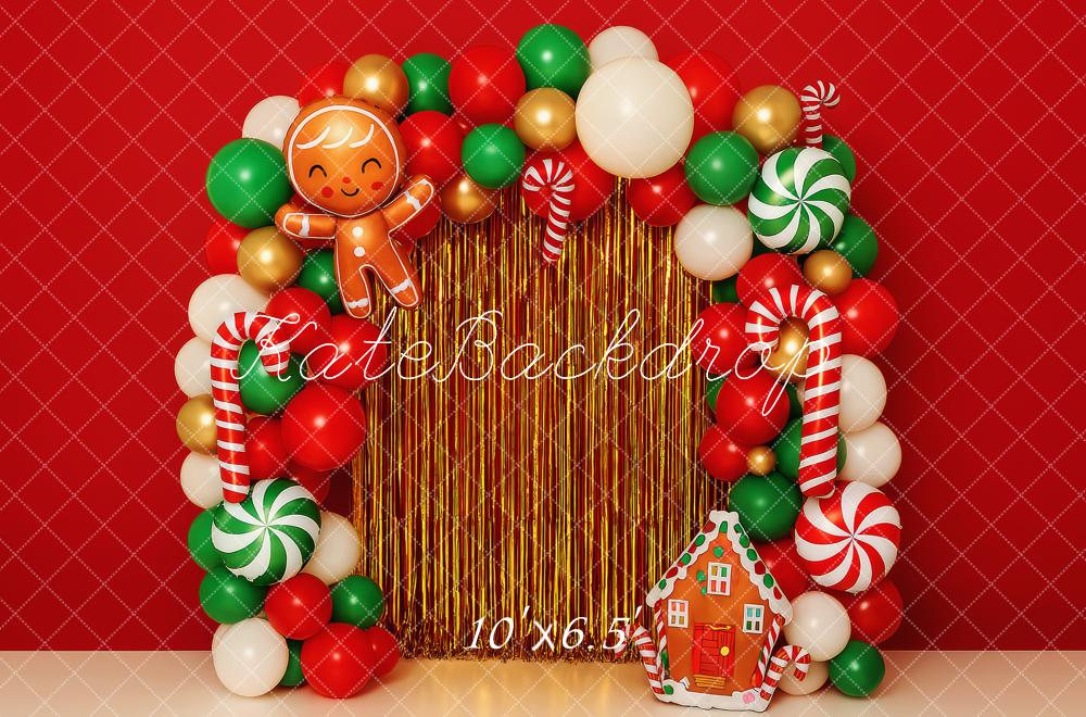 Kate Weihnachten Ballonbogen Lebkuchenhaus Rot Hintergrund Entworfen von Patty Roberts - Kate Backdrop.de