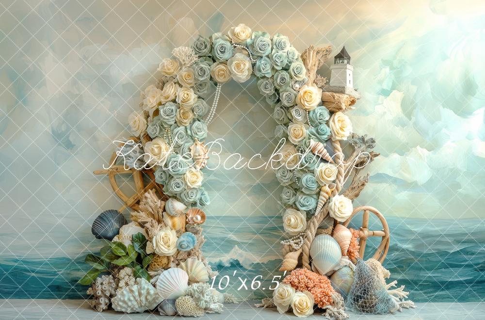 Kate Flower Bogen Muscheln Leuchtturm Pastell Hintergrund Entworfen von Mini MakeBelieve - Kate Backdrop.de