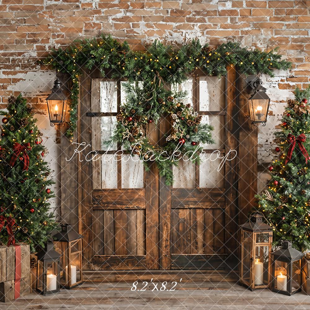 Kate Weihnachten Tür Kranz Weihnachtsbäume Braun Hintergrund Entworfen von Emetselch - Kate Backdrop.de