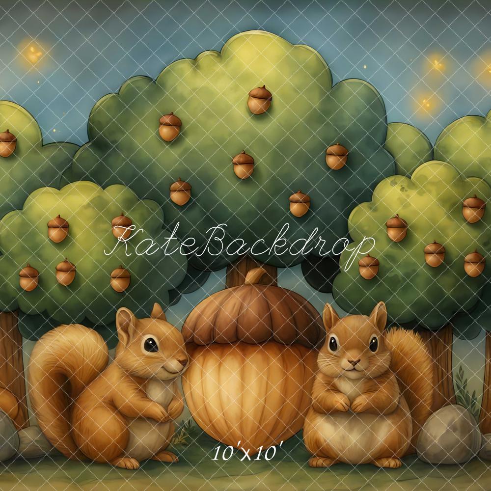 Kate Herbst Eichhörnchen Eichen Bäume Cartoon Hintergrund Entworfen von Mini MakeBelieve - Kate Backdrop.de