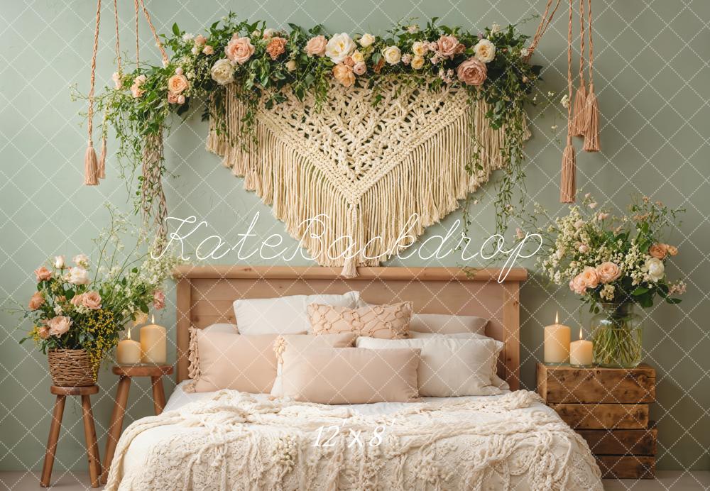 Kate Boho Schlafzimmer Blumen Grün Fleece Hintergrund Entworfen von Emetselch - Kate Backdrop.de