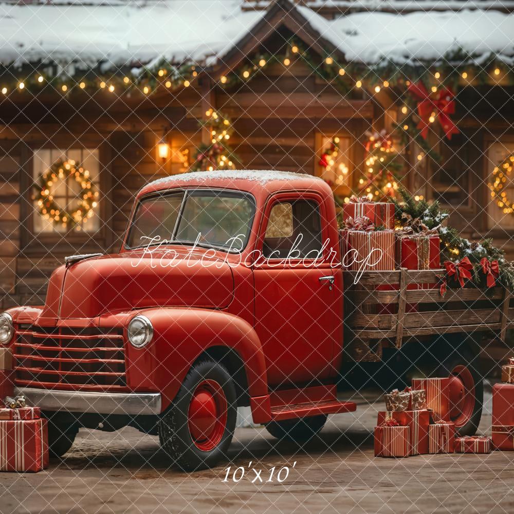 Kate Weihnachten Roter Pickup Geschenkboxen Holzhaus Hintergrund Entworfen von Emetselch - Kate Backdrop.de