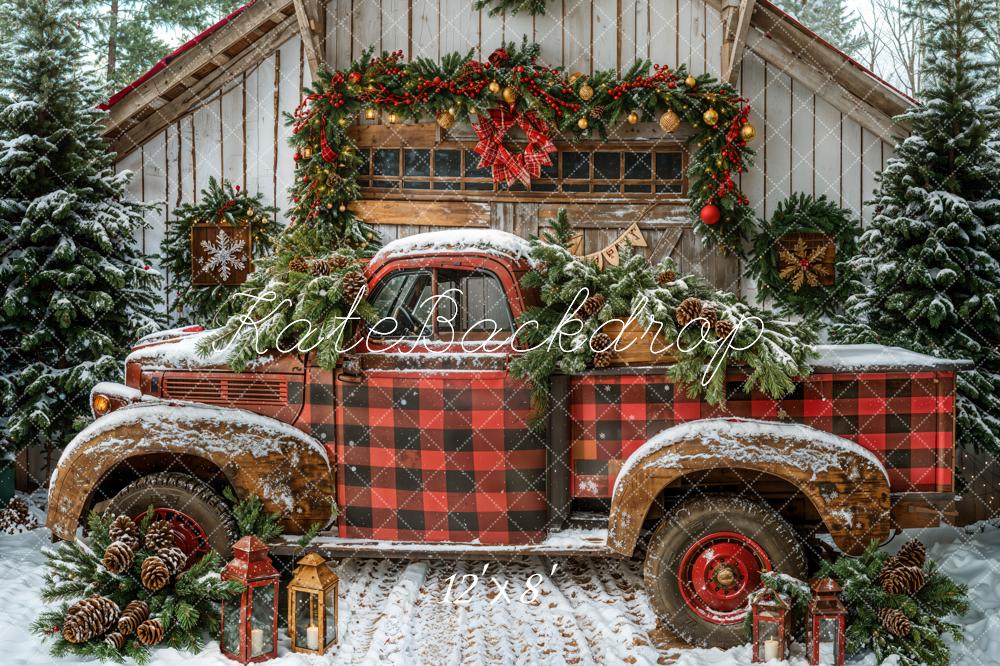 Kate Weihnachten Karomuster Auto Scheune Fleece Hintergrund Entworfen von Emetselch - Kate Backdrop.de