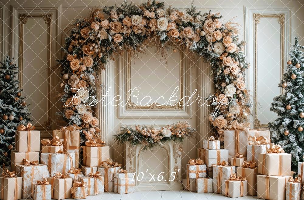 Kate Weihnachten Blumenbogen Geschenke Gold Hintergrund Entworfen von Patty Roberts
