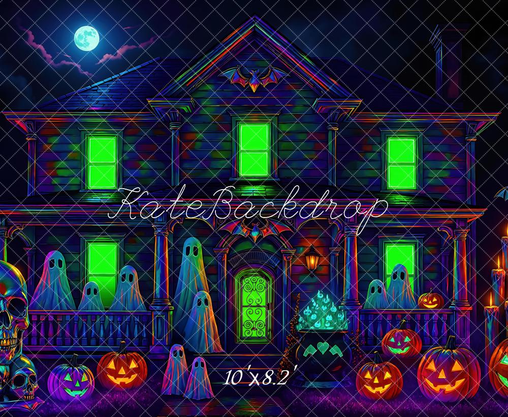 Kate Halloween Spukhaus Kürbisse Neon Hintergrund Entworfen von Mini MakeBelieve - Kate Backdrop.de