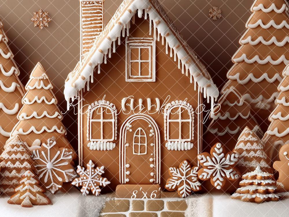 Kate Weihnachten Lebkuchenhaus Tannen Schneeflocken Hintergrund Entworfen von Mandy Ringe