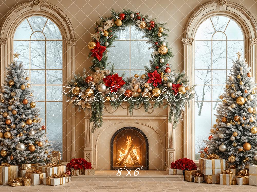 Kate Weihnachten Kamin Weihnachtsbaum Gold Fleece Hintergrund Entworfen von Emetselch - Kate Backdrop.de