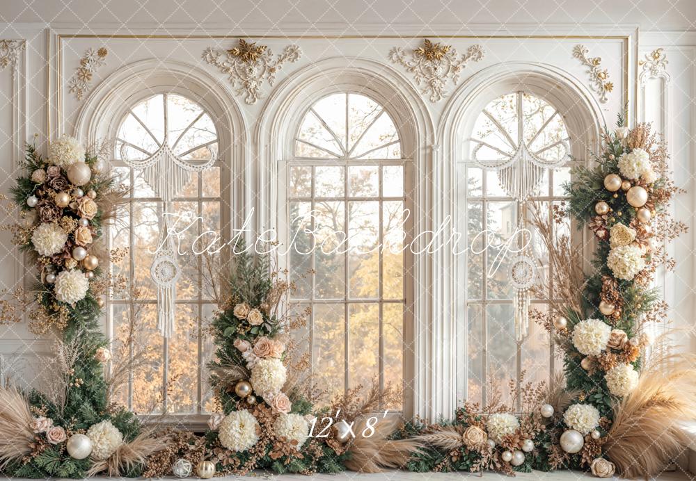 Kate Weihnachten Fenster Blumen Gold Fleece Hintergrund Entworfen von Emetselch - Kate Backdrop.de