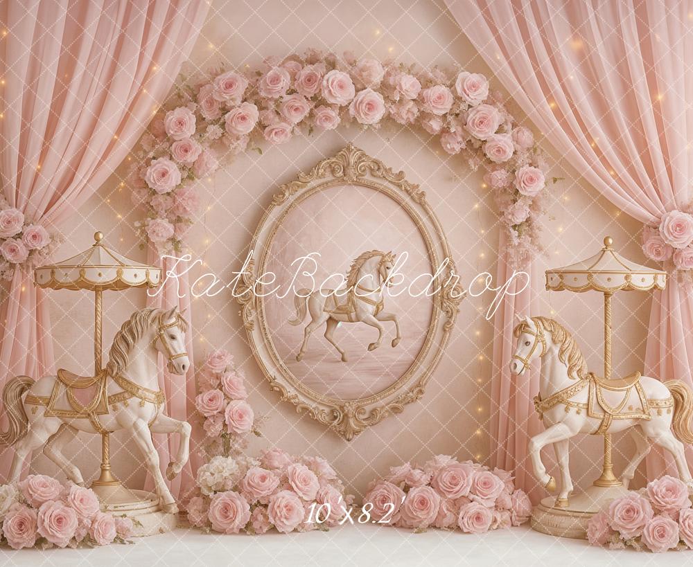 Kate Karussell Blumen Pferde Rosa Hintergrund Entworfen von Ashley Paul - Kate Backdrop.de
