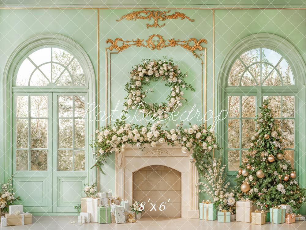 Kate Weihnachten Kamin Fenster Mintgrün Hintergrund Entworfen von Emetselch - Kate Backdrop.de