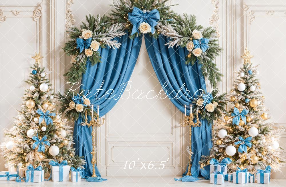 Kate Weihnachten Christbäume Blaue Schleifen Elegant Hintergrund Entworfen von Emetselch - Kate Backdrop.de