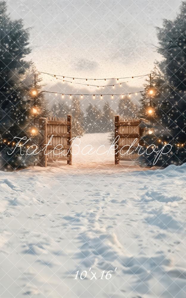 ⚡Blitzangebote-Kate Winter Lichterkette Holztor Schnee Hintergrund Entworfen von Emetselch - Kate Backdrop.de