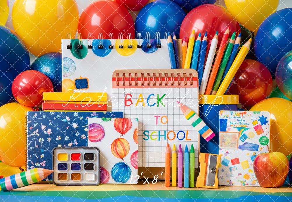 Kate Zurück Zur Schule Schreibwaren Bunte Luftballons Fleece Hintergrund Entworfen von Emetselch - Kate Backdrop.de