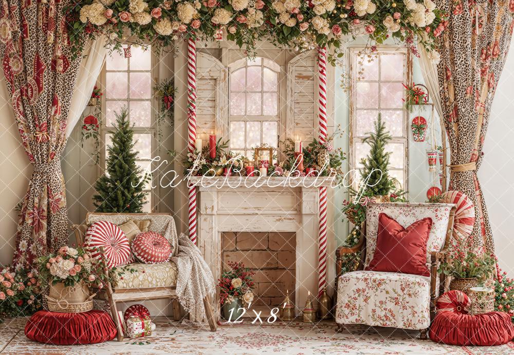 Kate Weihnachten Kamin Fenster Blumen Vintage Hintergrund Entworfen von Emetselch - Kate Backdrop.de