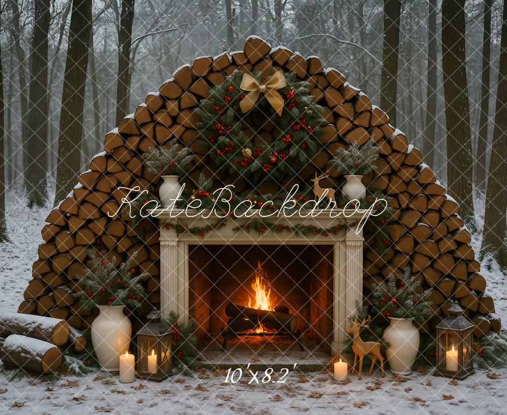 Kate Weihnachten Kamin Holzstapel Wald Hintergrund Entworfen von Ashley Paul - Kate Backdrop.de