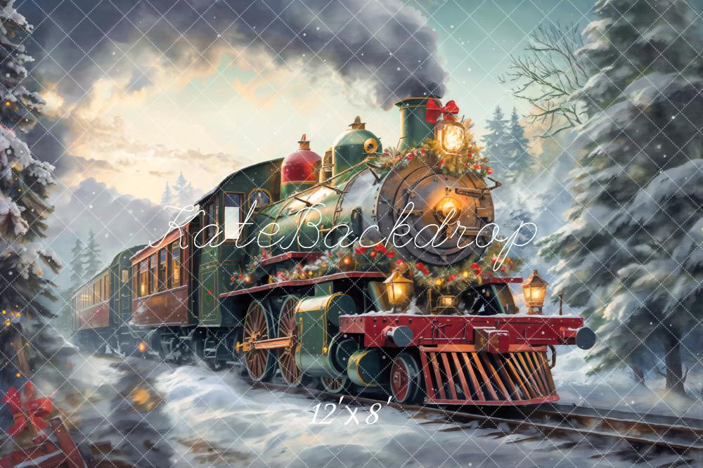Kate Weihnachten Eisenbahn Winterwald Schnee Fleece Hintergrund Entworfen von Emetselch