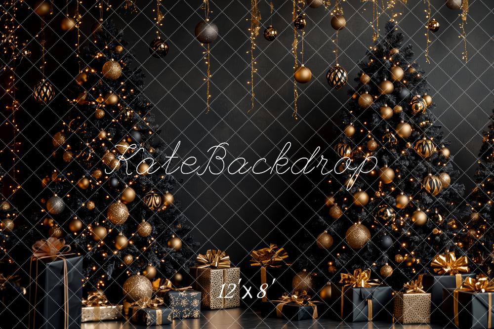Kate Weihnachten Schwarze Bäume Gold Dekoration Hintergrund Entworfen von Patty Roberts - Kate Backdrop.de