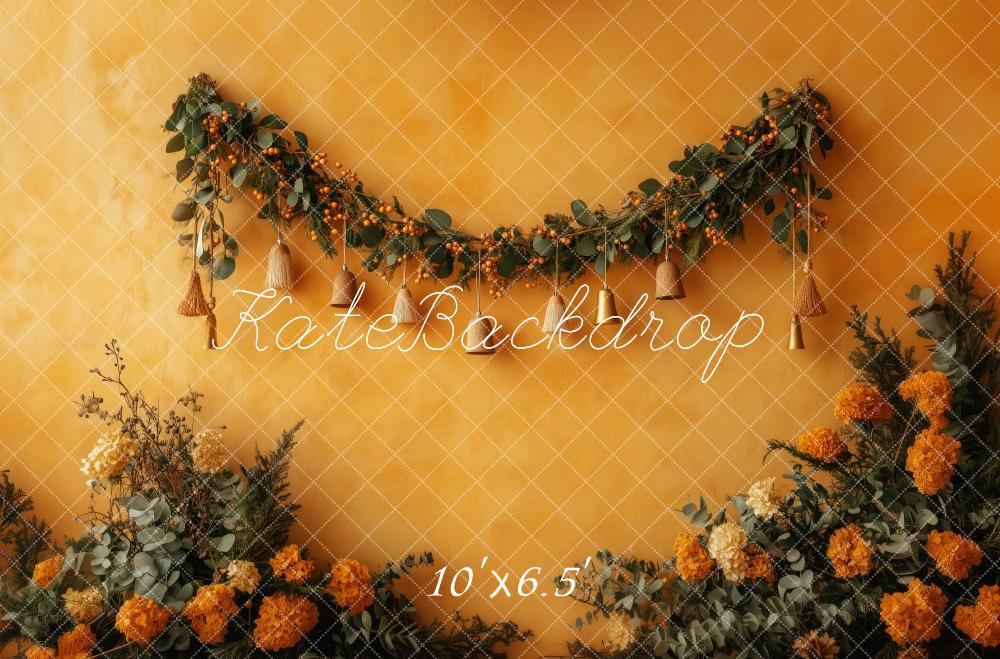 Kate Herbst Blumen Girlande Gelb Hintergrund Entworfen von Patty Roberts - Kate Backdrop.de