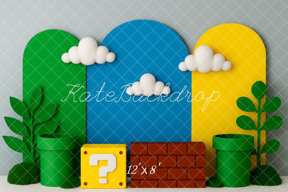 Kate Videospiel Röhren Wolken Bunt Hintergrund Entworfen von Patty Roberts - Kate Backdrop.de
