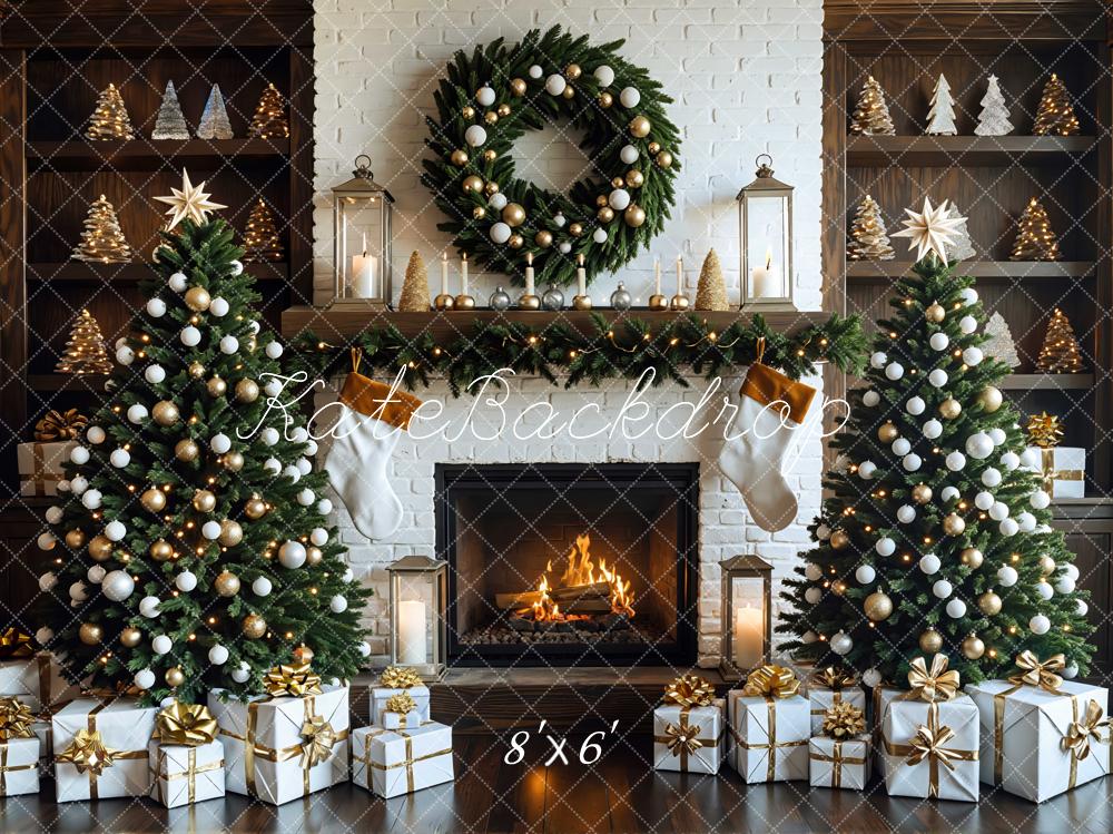 Kate Weihnachten Kamin Tannenbaum Weiß Gold Hintergrund Entworfen von Mini MakeBelieve - Kate Backdrop.de