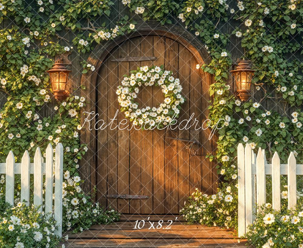 Kate Frühling Holztür Blumen Weiß Fleece Hintergrund Entworfen von Emetselch - Kate Backdrop.de
