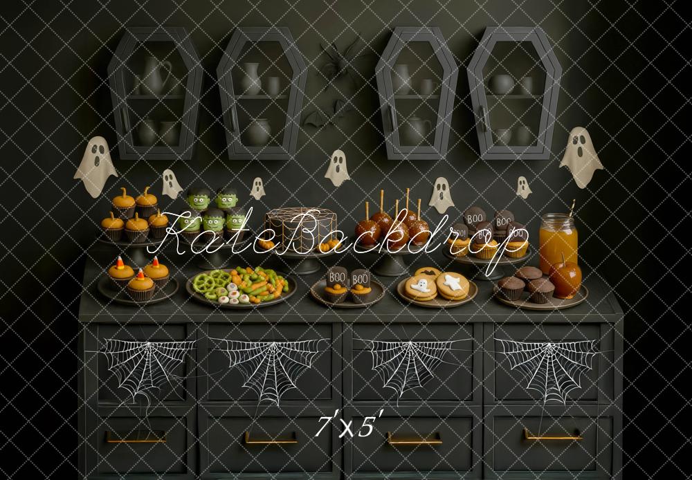 Kate Halloween Snacktisch Särge Geister Schwarz Hintergrund Entworfen von Mini MakeBelieve - Kate Backdrop.de