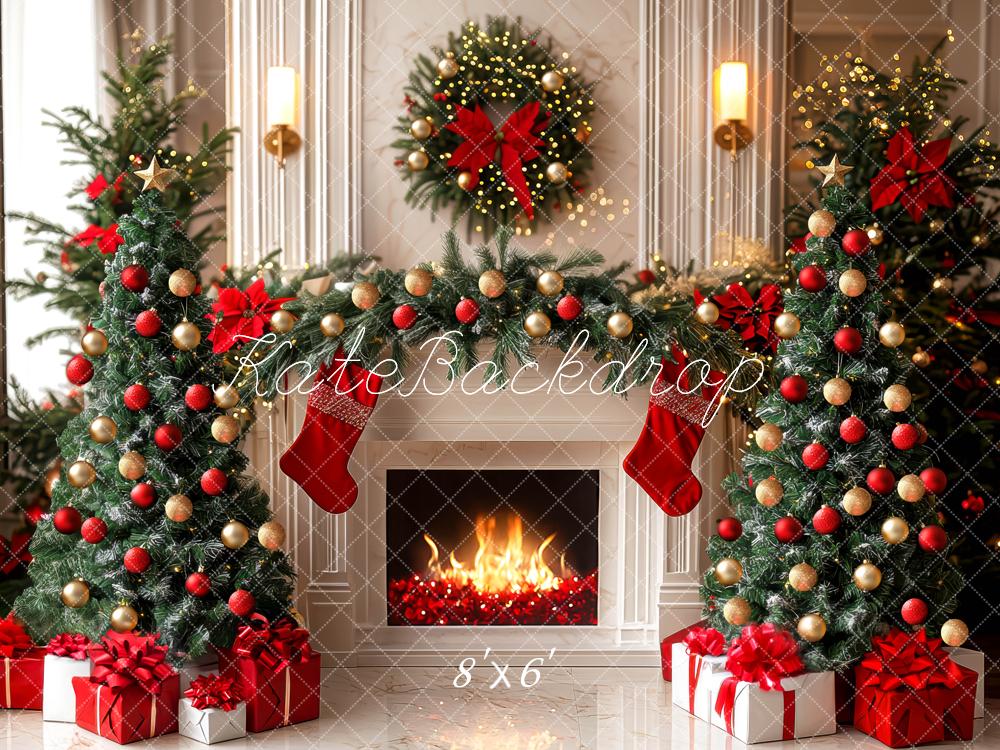 Kate Weihnachten Kamin Weihnachtsbaum Rot Gold Hintergrund Entworfen von Mini MakeBelieve - Kate Backdrop.de