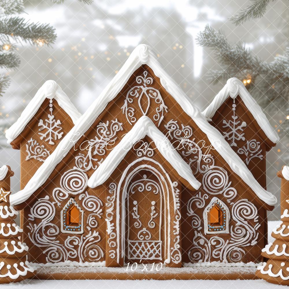 Kate Weihnachten Lebkuchenhaus Tannen Schnee Hintergrund Entworfen von Mini MakeBelieve - Kate Backdrop.de