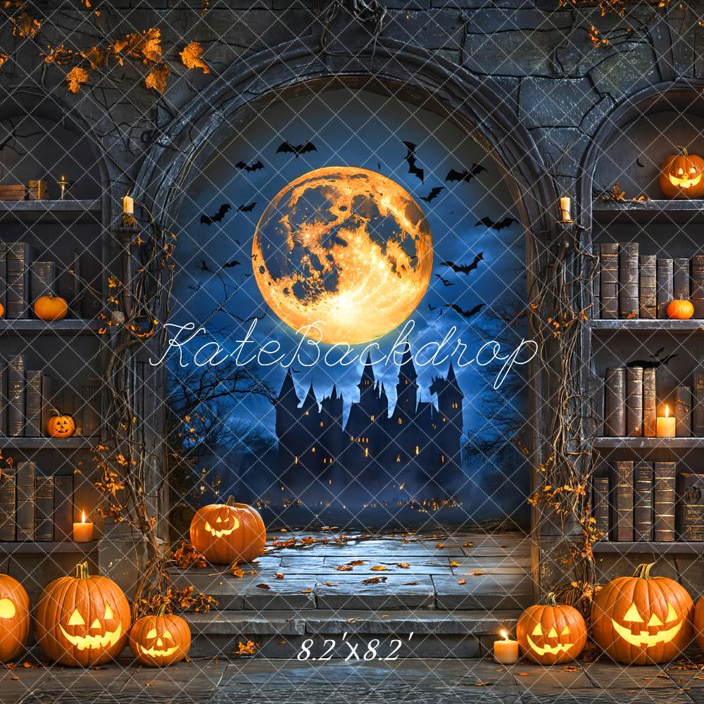 Kate Halloween Kürbisse Vollmond Bücherregal Hintergrund Entworfen von Emetselch - Kate Backdrop.de