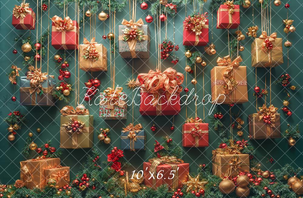 Kate Weihnachten Geschenke Tannenzweige Rotgold Hintergrund Entworfen von Emetselch - Kate Backdrop.de