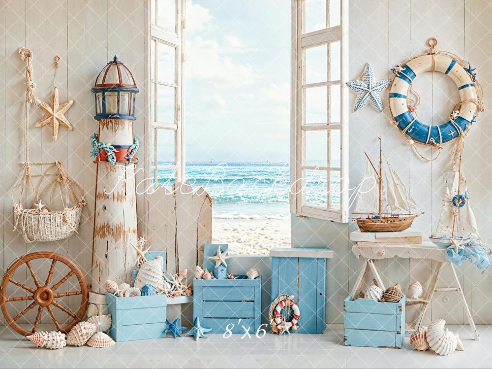 Kate Sommer Maritim Leuchtturm Fenster Blau Hintergrund Entworfen von Emetselch - Kate Backdrop.de