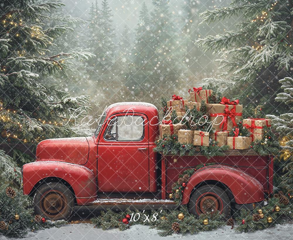 Kate Weihnachten Roter Truck Geschenke Tannenwald Fleece Hintergrund Entworfen von Emetselch - Kate Backdrop.de