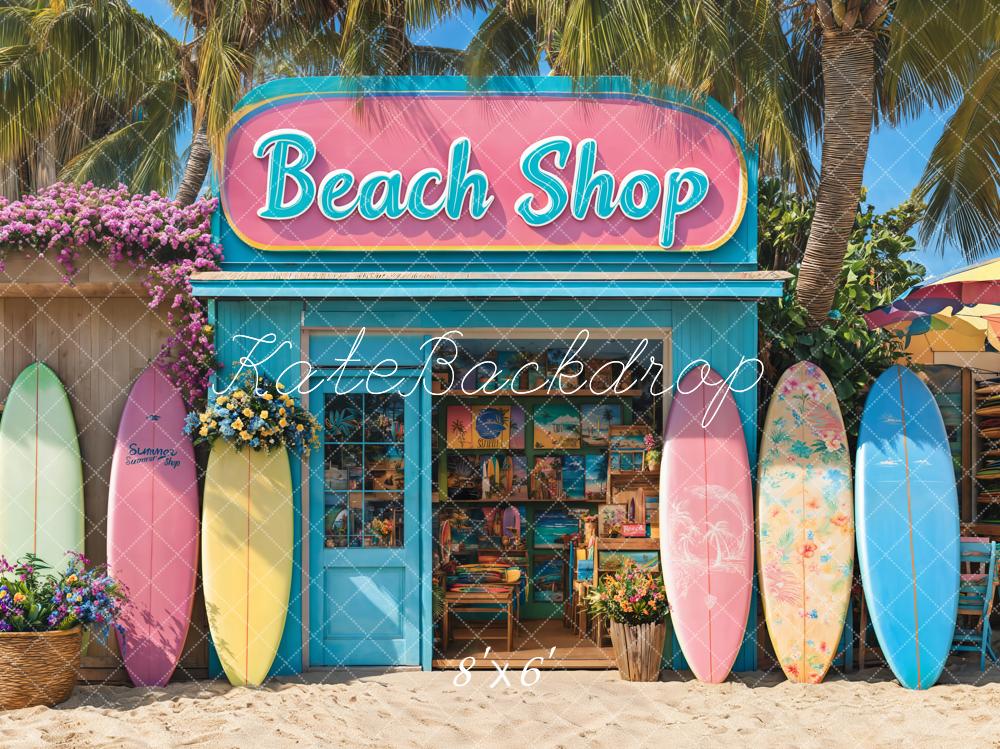 Kate Sommer Strandladen Surfbretter Bunt Hintergrund Entworfen von Emetselch - Kate Backdrop.de