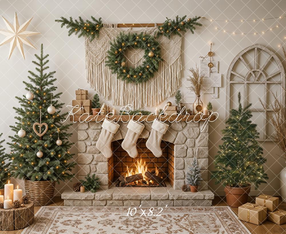 Kate Weihnachten Kamin Tannenbäume Gemütlich Hintergrund Entworfen von Ashley Paul - Kate Backdrop.de