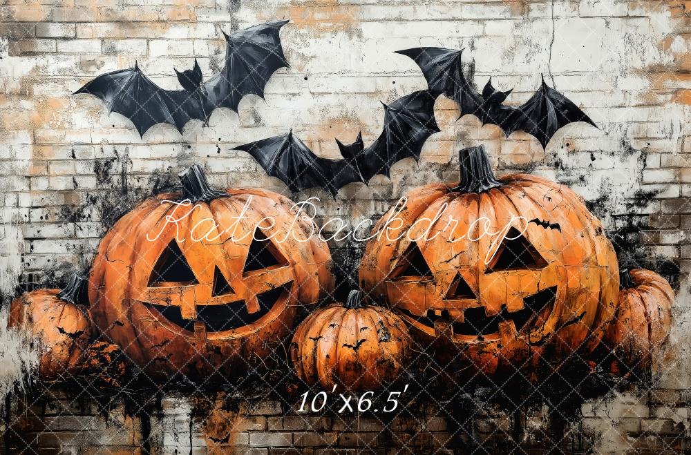 Kate Halloween Kürbisse Fledermäuse Backsteinwand Hintergrund Entworfen von Patty Roberts - Kate Backdrop.de