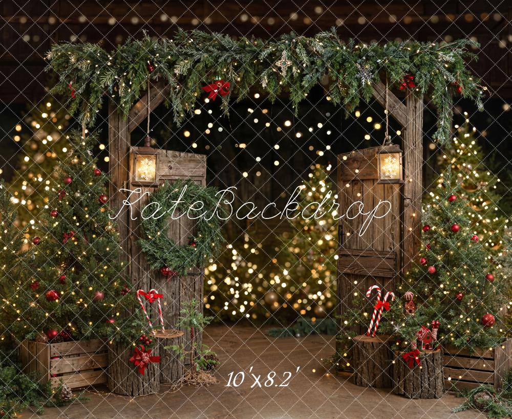 Kate Weihnachten Holztür Lichter Girlande Hintergrund Entworfen von Emetselch - Kate Backdrop.de