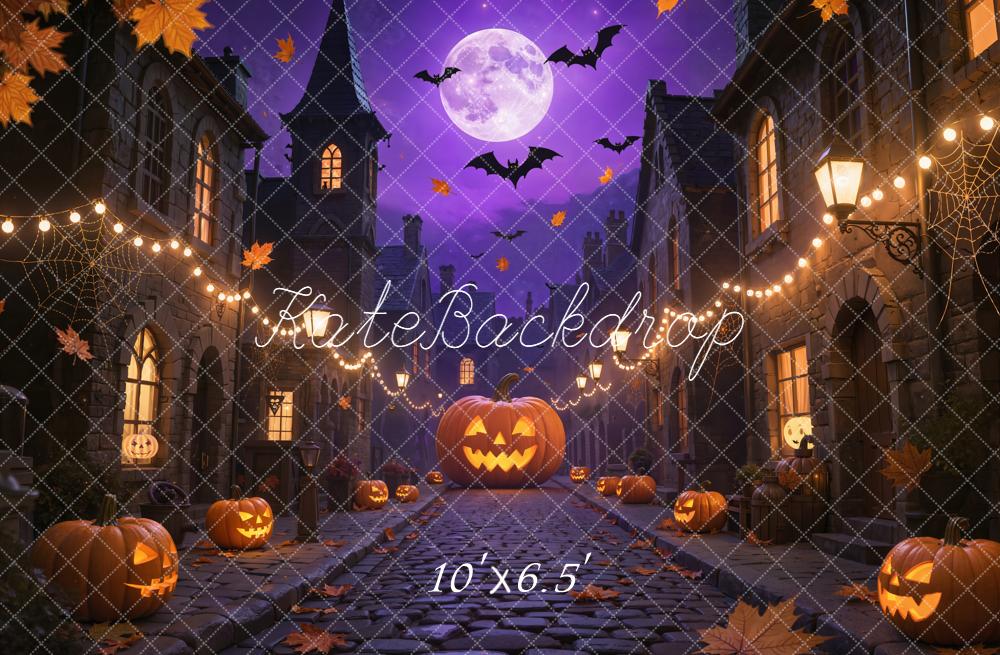 Kate Halloween Kürbisse Fledermäuse Lila Hintergrund Entworfen von Emetselch - Kate Backdrop.de
