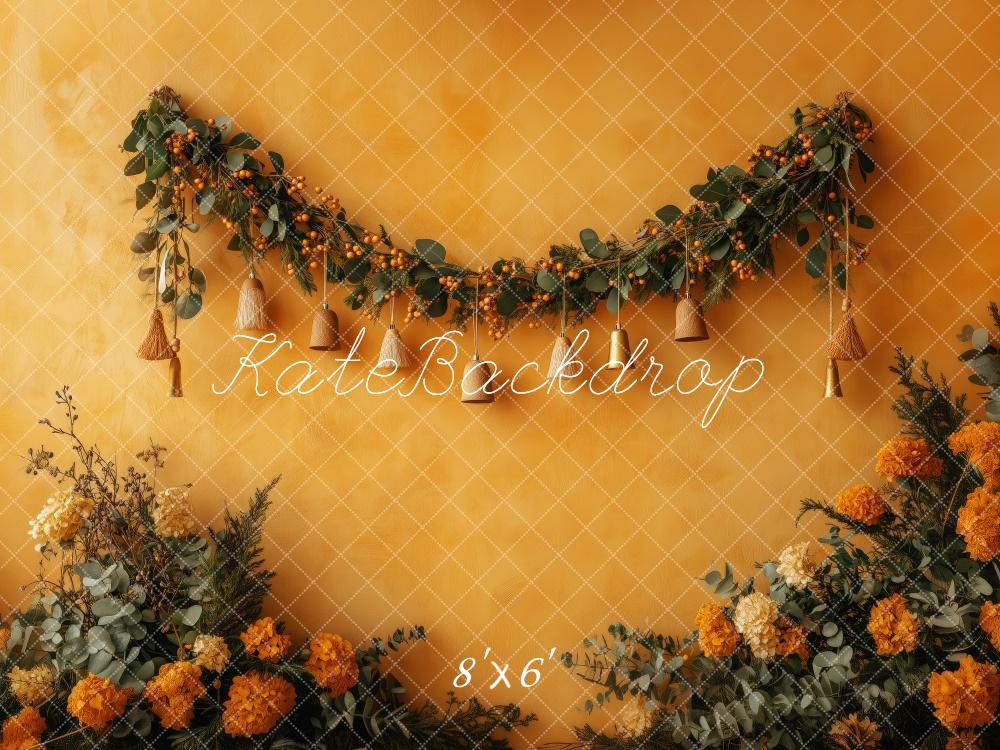 Kate Herbst Blumen Girlande Gelb Hintergrund Entworfen von Patty Roberts - Kate Backdrop.de
