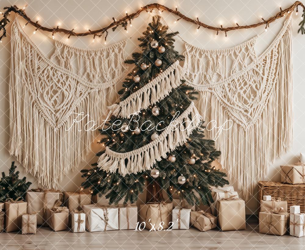 Kate Weihnachten Weihnachtsbaum Makramee Beige Hintergrund Entworfen von Ashley Paul - Kate Backdrop.de